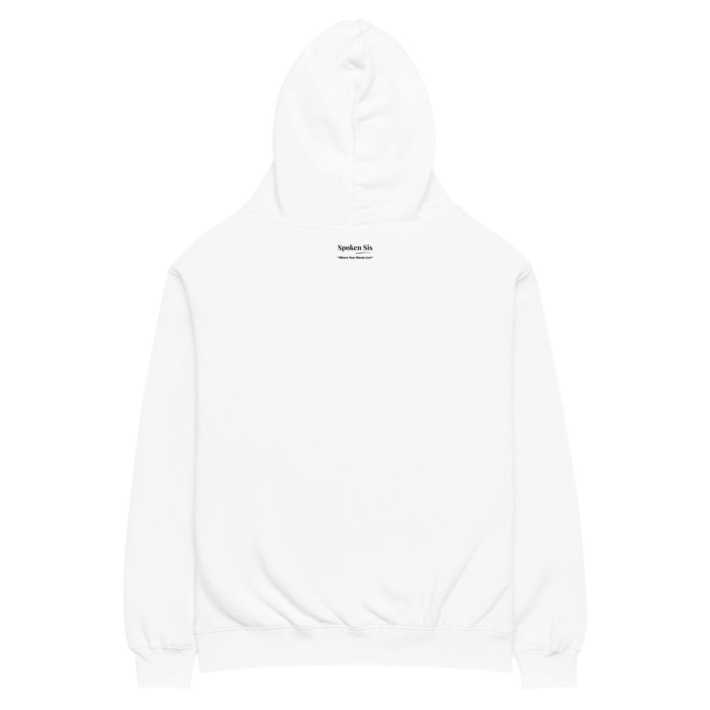 back of a white hoodie with a small printed label on upper center
