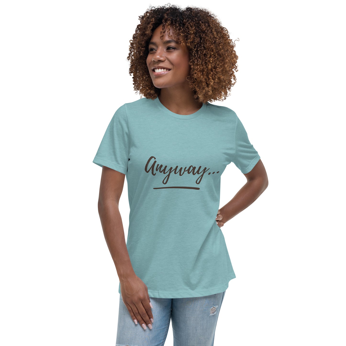 Model wearing a pink t-shirt with 'Anyway' text on a white background
