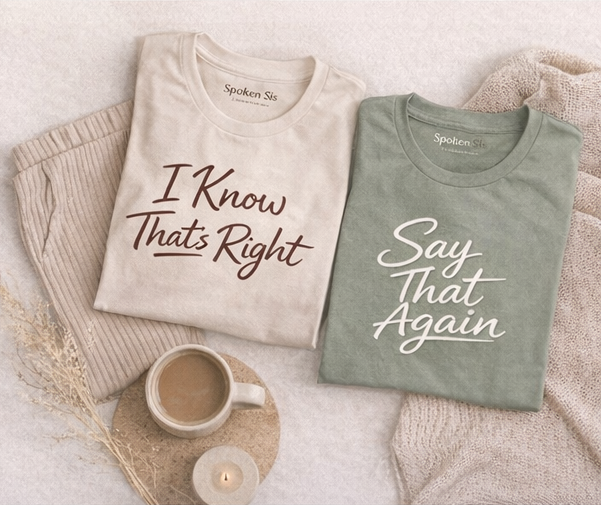 image of two t - shirts folded with words printed on the front
