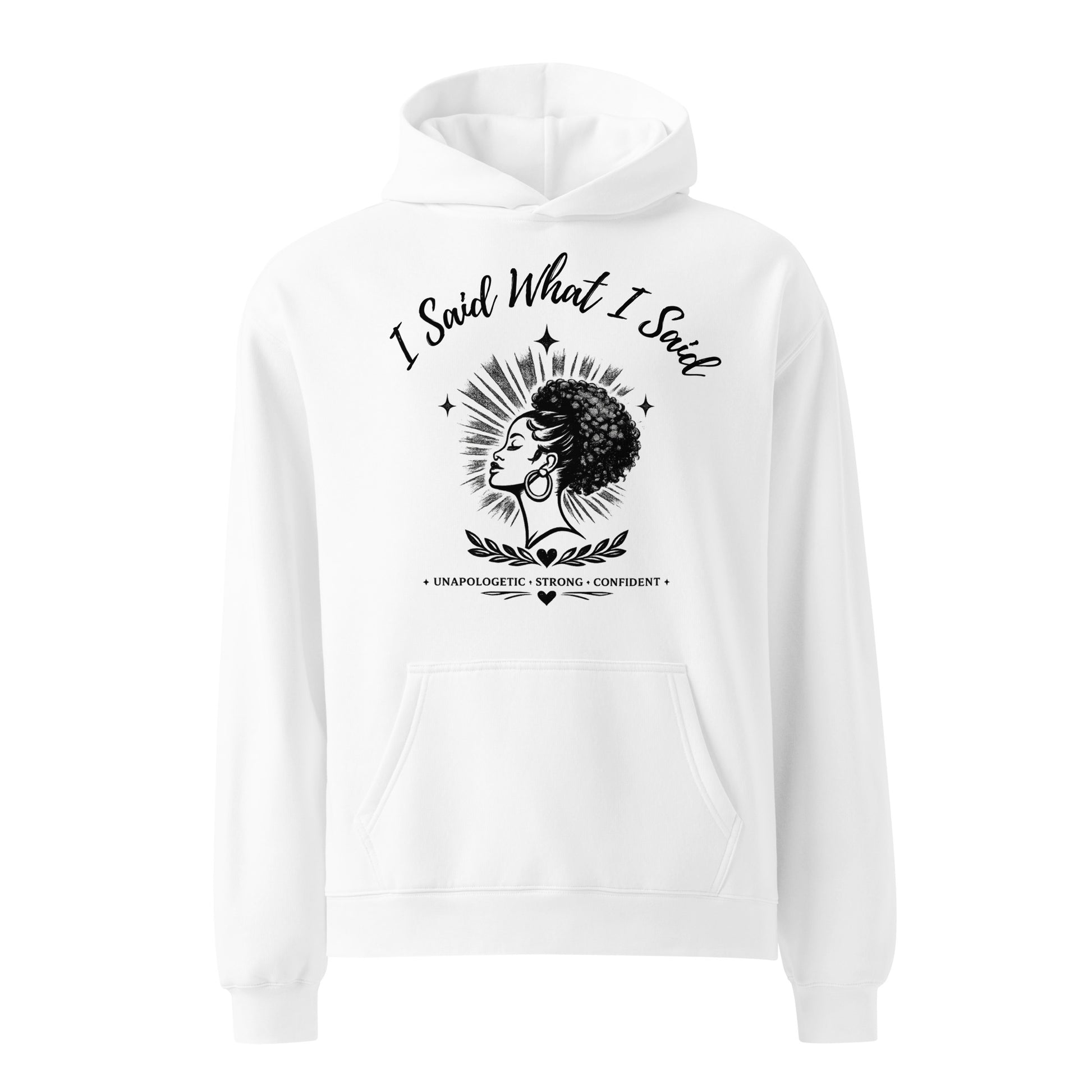 white hoodie sweatshirt with  phrase and image on the front