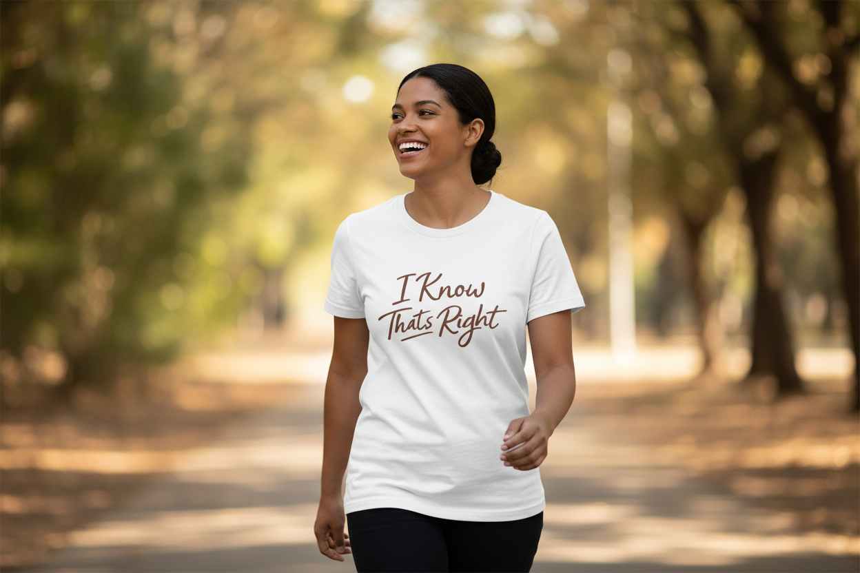 Girl walking wearing a beige t-shirt with words on the front