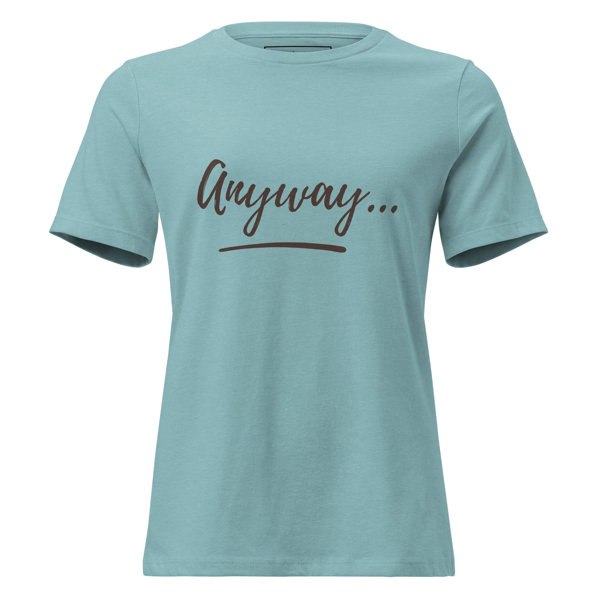 Light blue t-shirt with 'Anyway' text on a white background
