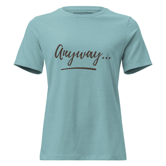 Light blue t-shirt with 'Anyway' text on a white background