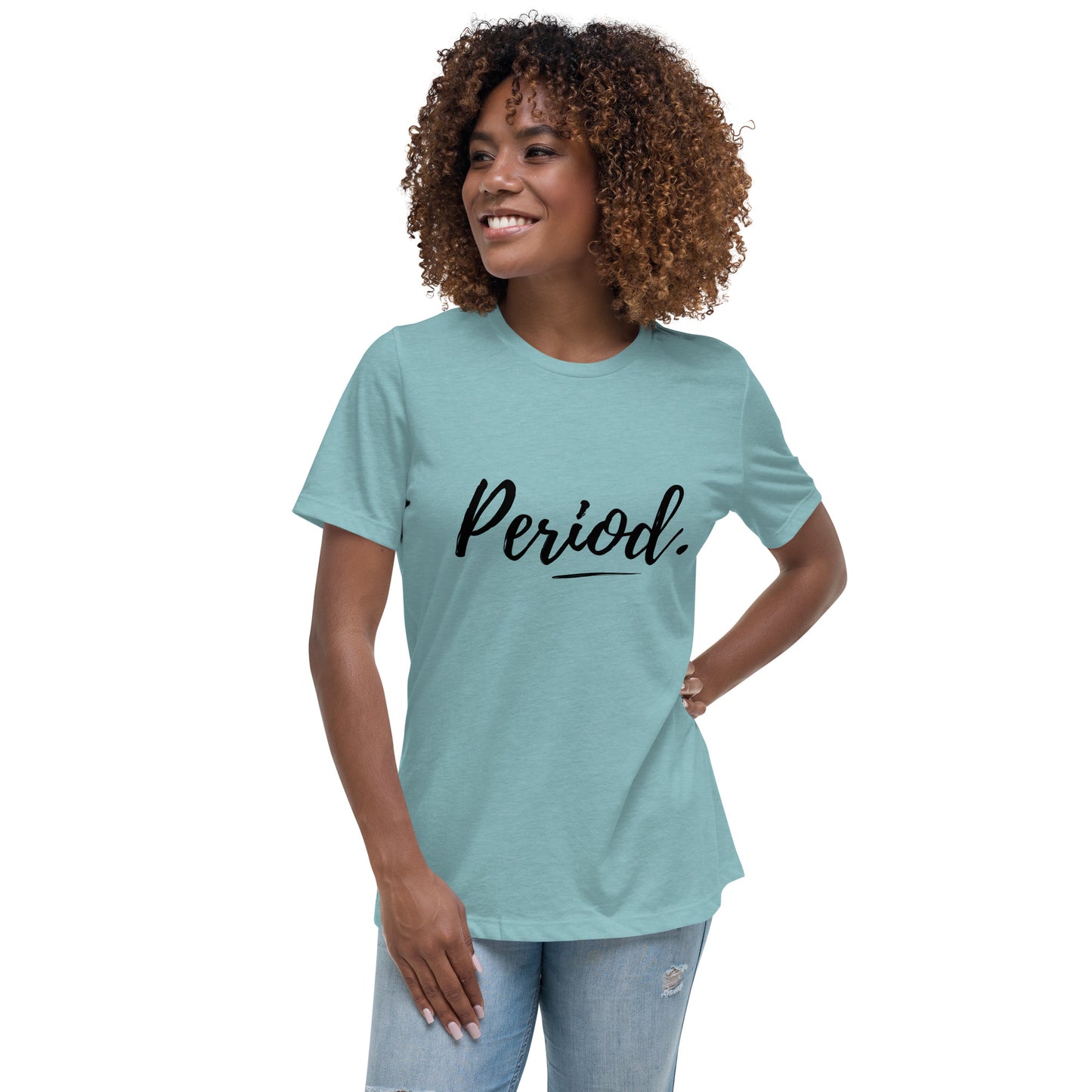 Model wearing a light blue t-shirt with 'Period' text on a white background