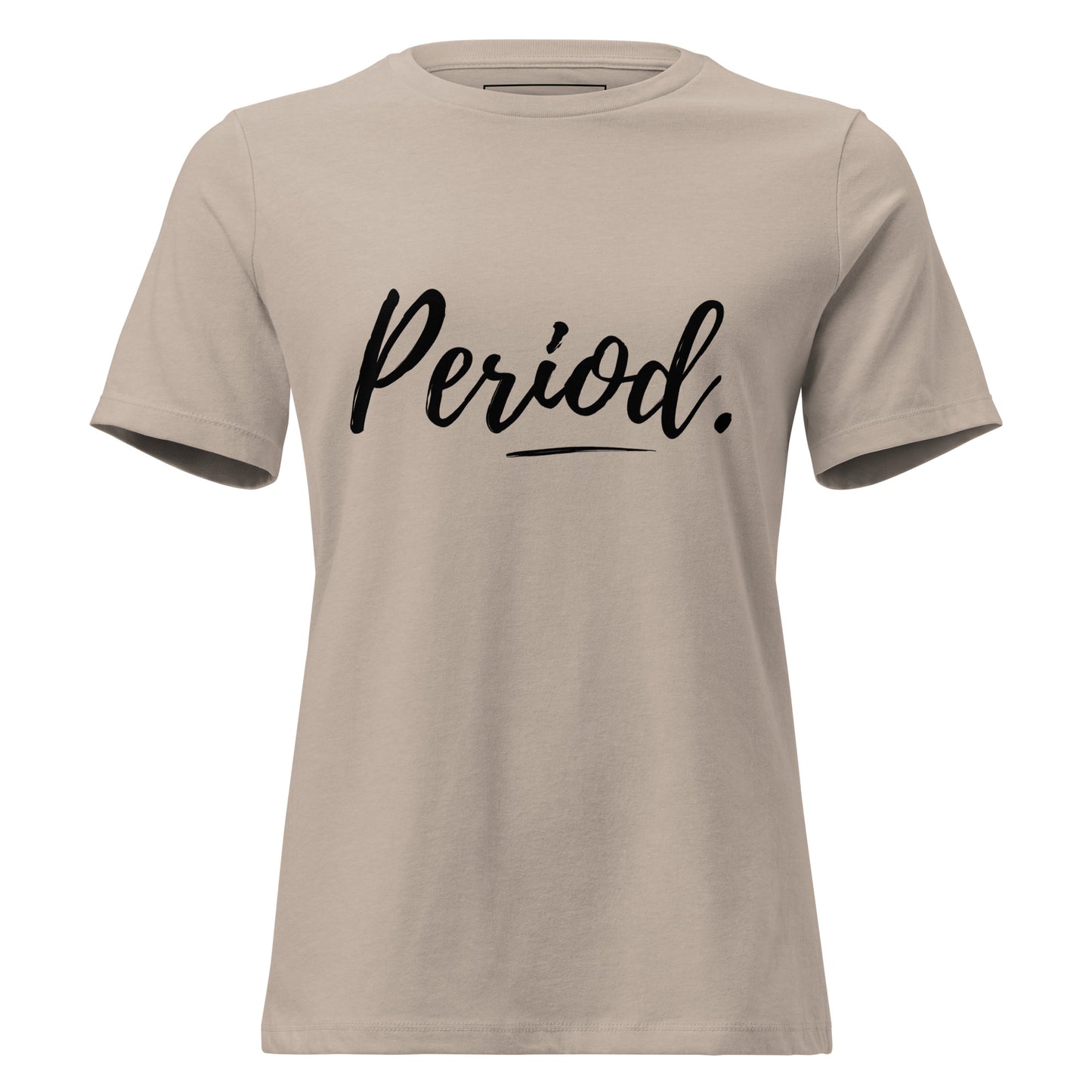 Beige t-shirt with 'Period' text on a white background